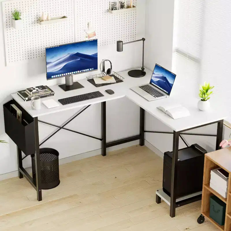 Bureau d'angle en L Okak 50 pouces avec étagère de rangement pour unité centrale, bureau d'ordinateur avec sac latéral pour bureau, salon, étude