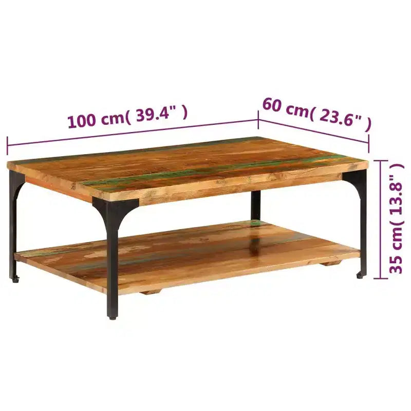 vidaXL Table basse d'appoint avec étagère de rangement Table d'appoint canapé en bois massif - 100 x 60 x 35 cm en bois massif de récupération