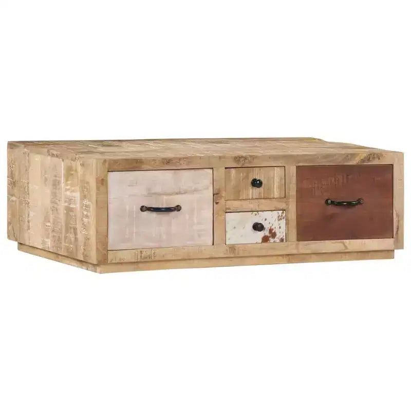 vidaXL Table Basse avec 4 Tiroirs - Meuble Fait Main en Bois de Mangue Massif - Design Ferme Élégant pour Salon - Table de Canapé Marron