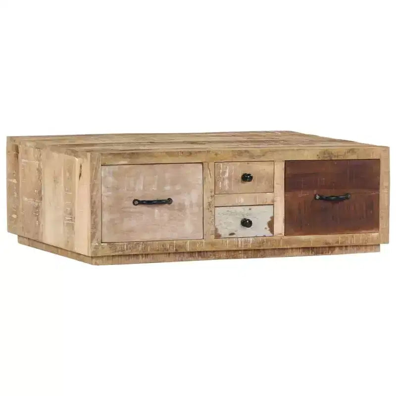 vidaXL Table Basse avec 4 Tiroirs - Meuble Fait Main en Bois de Mangue Massif - Design Ferme Élégant pour Salon - Table de Canapé Marron