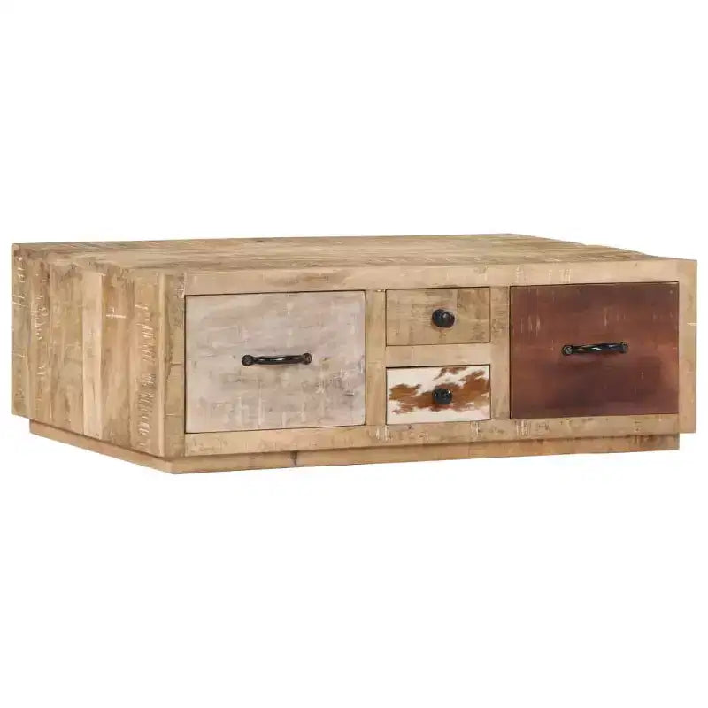 vidaXL Table Basse avec 4 Tiroirs - Meuble Fait Main en Bois de Mangue Massif - Design Ferme Élégant pour Salon - Table de Canapé Marron