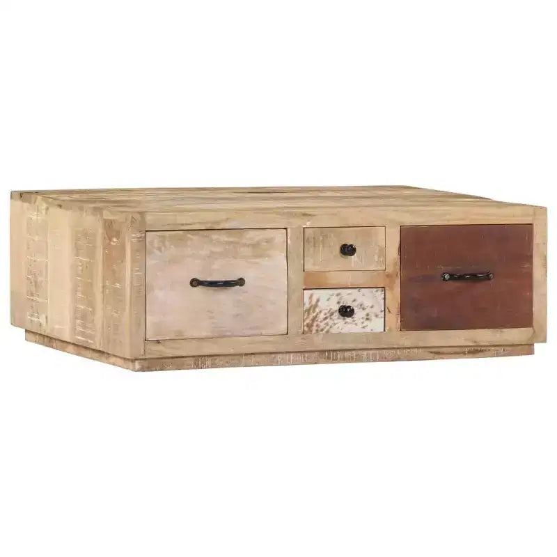 vidaXL Table Basse avec 4 Tiroirs - Meuble Fait Main en Bois de Mangue Massif - Design Ferme Élégant pour Salon - Table de Canapé Marron