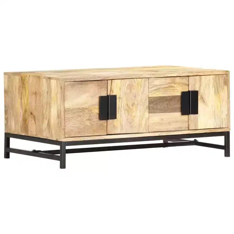 vidaXL Table Basse avec Rangement - Bois de Mangue Massif et Pieds en Acier Thermolaqué, Design Rustique et Industriel, Marron
