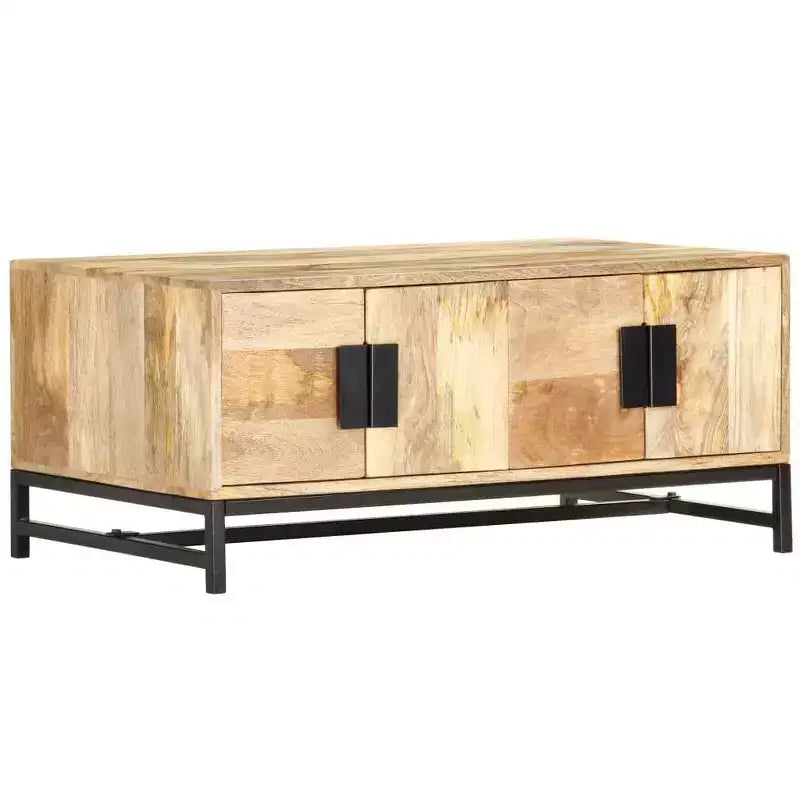 vidaXL Table Basse avec Rangement - Bois de Mangue Massif et Pieds en Acier Thermolaqué, Design Rustique et Industriel, Marron