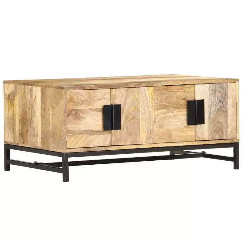 vidaXL Table Basse avec Rangement - Bois de Mangue Massif et Pieds en Acier Thermolaqué, Design Rustique et Industriel, Marron