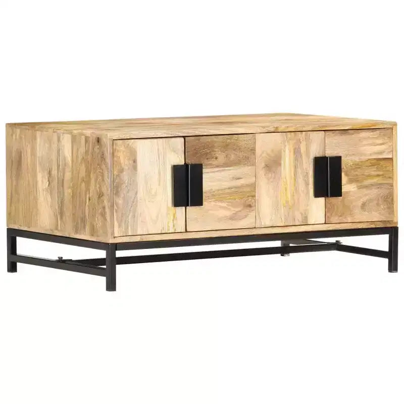 vidaXL Table Basse avec Rangement - Bois de Mangue Massif et Pieds en Acier Thermolaqué, Design Rustique et Industriel, Marron
