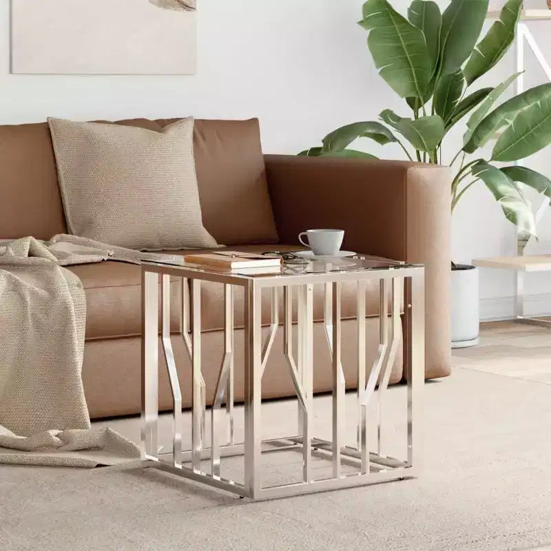 vidaXL Table basse argentée, marbre acier inoxydable, verre trempé moyen - Verre argenté