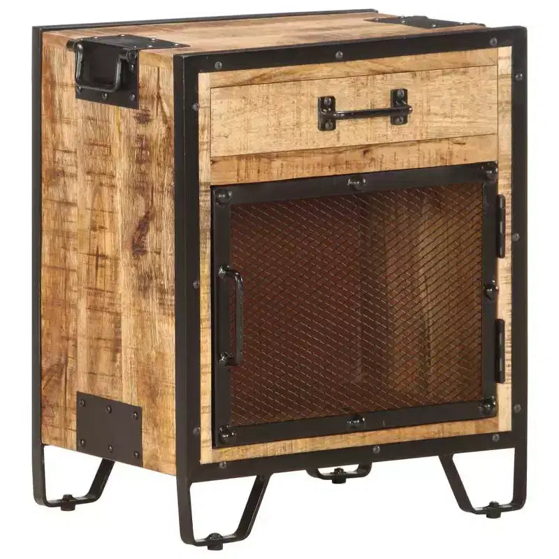 vidaXL Table de Chevet 43x30x51 cm Bois de Manguier Massif Brut - Durable, Style Industriel, Table de Nuit de Chambre, Marron et Noir, Rangement Spacieux