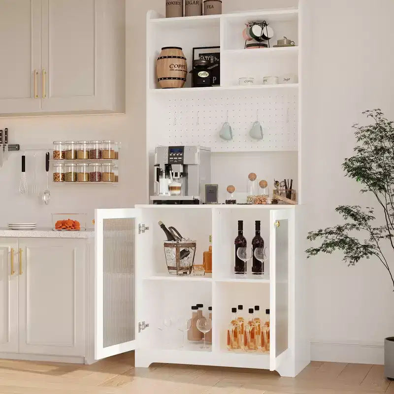 Meuble de rangement haut de 180 cm avec 2 portes vitrées, armoire de cuisine sur pied avec étagères réglables, buffet de ferme pour salle à manger