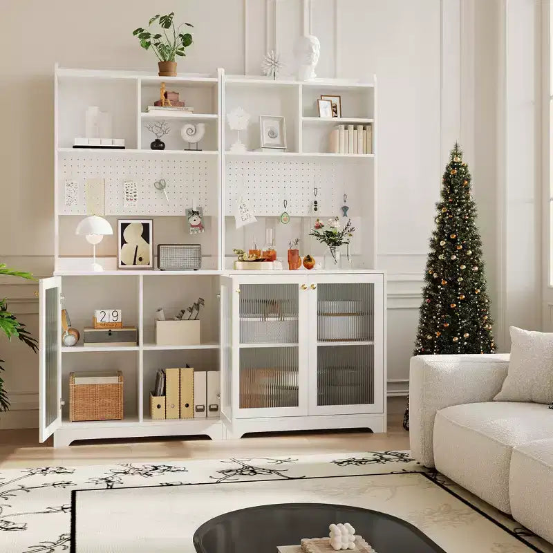 Meuble de rangement haut de 180 cm avec 2 portes vitrées, armoire de cuisine sur pied avec étagères réglables, buffet de ferme pour salle à manger