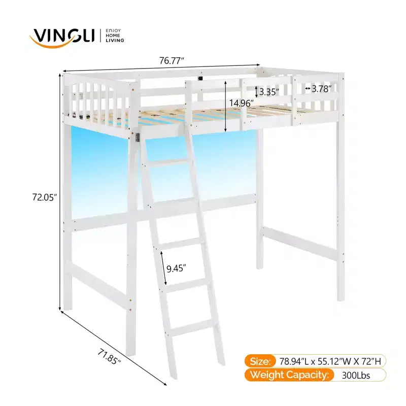 Lit mezzanine VINGLI entièrement en bois avec station de chargement USB/LED, lit en bois massif avec barreaux plats, garde-corps de 38 cm de haut, pas besoin de sommier, blanc