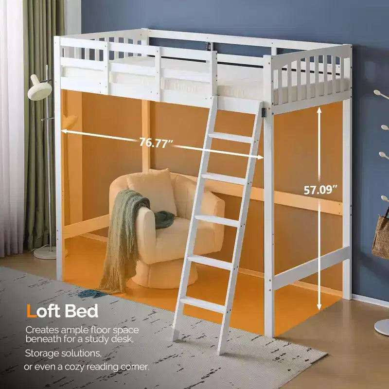 Lit mezzanine VINGLI entièrement en bois avec station de chargement USB/LED, lit en bois massif avec barreaux plats, garde-corps de 38 cm de haut, pas besoin de sommier, blanc