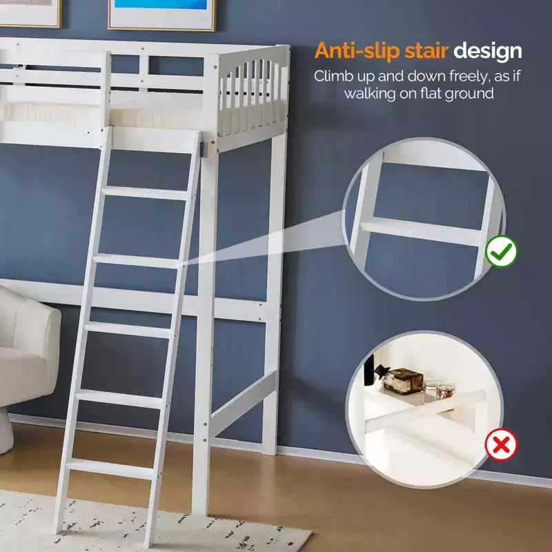 Lit mezzanine VINGLI entièrement en bois avec station de chargement USB/LED, lit en bois massif avec barreaux plats, garde-corps de 38 cm de haut, pas besoin de sommier, blanc