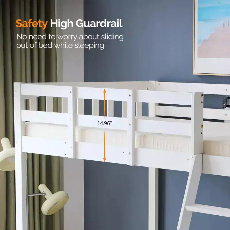 Lit mezzanine VINGLI entièrement en bois avec station de chargement USB/LED, lit en bois massif avec barreaux plats, garde-corps de 38 cm de haut, pas besoin de sommier, blanc