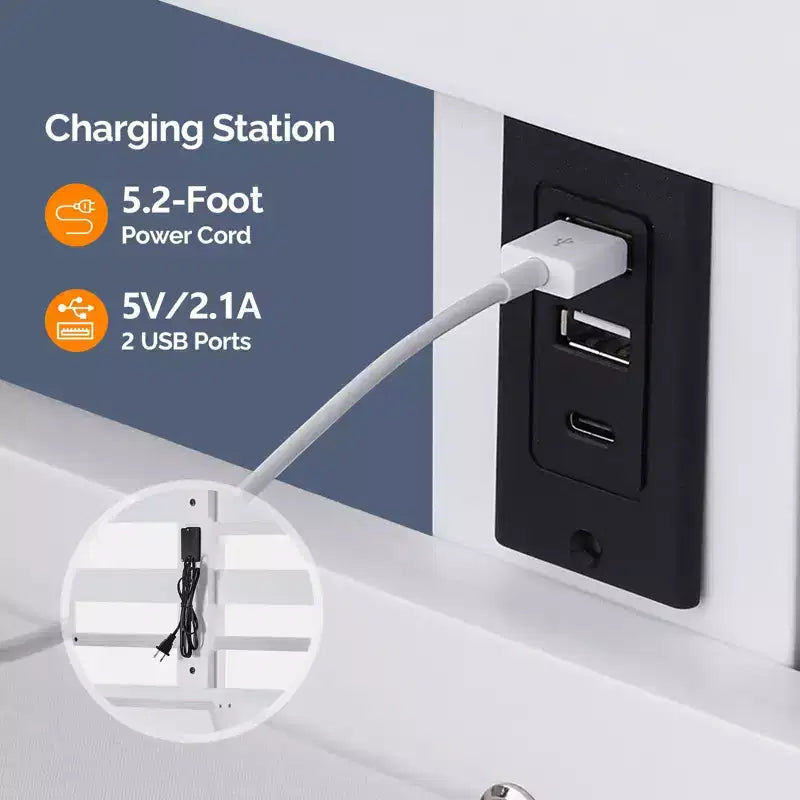 Lit mezzanine VINGLI entièrement en bois avec station de chargement USB/LED, lit en bois massif avec barreaux plats, garde-corps de 38 cm de haut, pas besoin de sommier, blanc