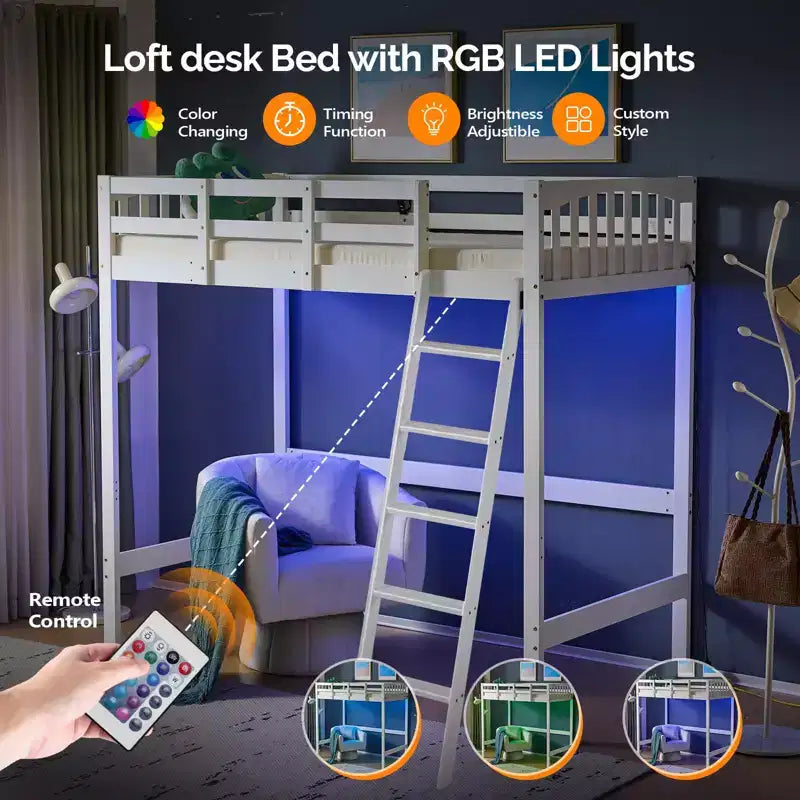 Lit mezzanine VINGLI entièrement en bois avec station de chargement USB/LED, lit en bois massif avec barreaux plats, garde-corps de 38 cm de haut, pas besoin de sommier, blanc