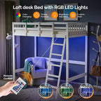 Lit mezzanine VINGLI entièrement en bois avec station de chargement USB/LED, lit en bois massif avec barreaux plats, garde-corps de 38 cm de haut, pas besoin de sommier, blanc
