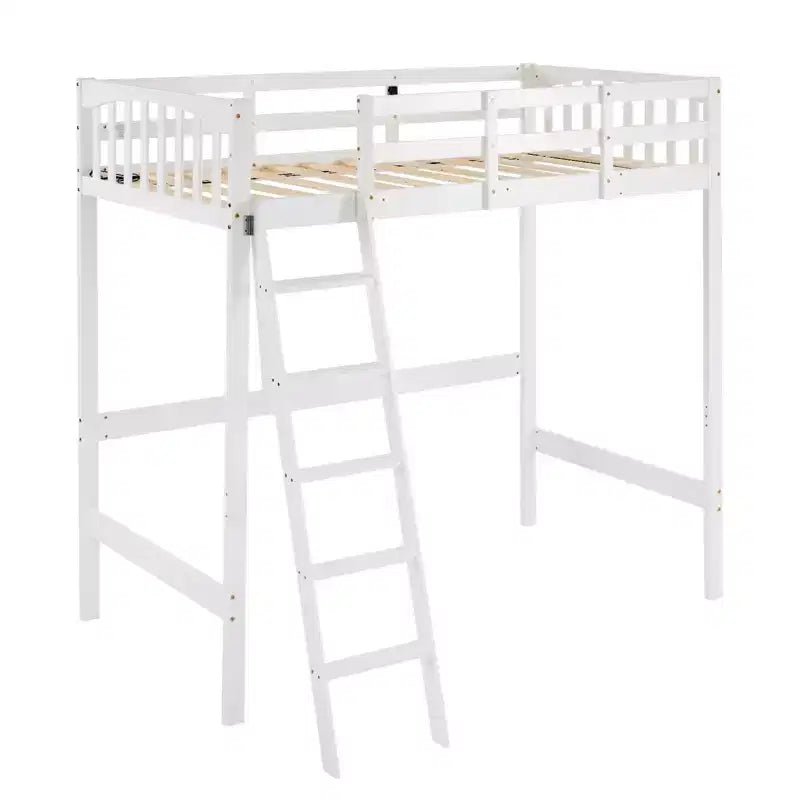 Lit mezzanine VINGLI entièrement en bois avec station de chargement USB/LED, lit en bois massif avec barreaux plats, garde-corps de 38 cm de haut, pas besoin de sommier, blanc