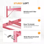 Lit mezzanine VINGLI pour lits jumeaux avec barreaux plats pour adultes, enfants et jeunes adolescents, aucun sommier tapissier requis, support à lattes métalliques robustes, rose