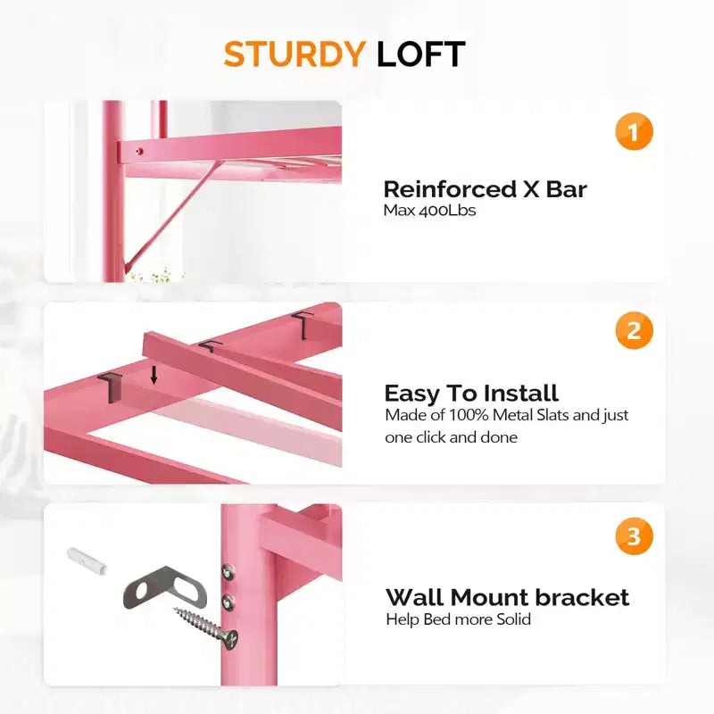 Lit mezzanine VINGLI pour lits jumeaux avec barreaux plats pour adultes, enfants et jeunes adolescents, aucun sommier tapissier requis, support à lattes métalliques robustes, rose