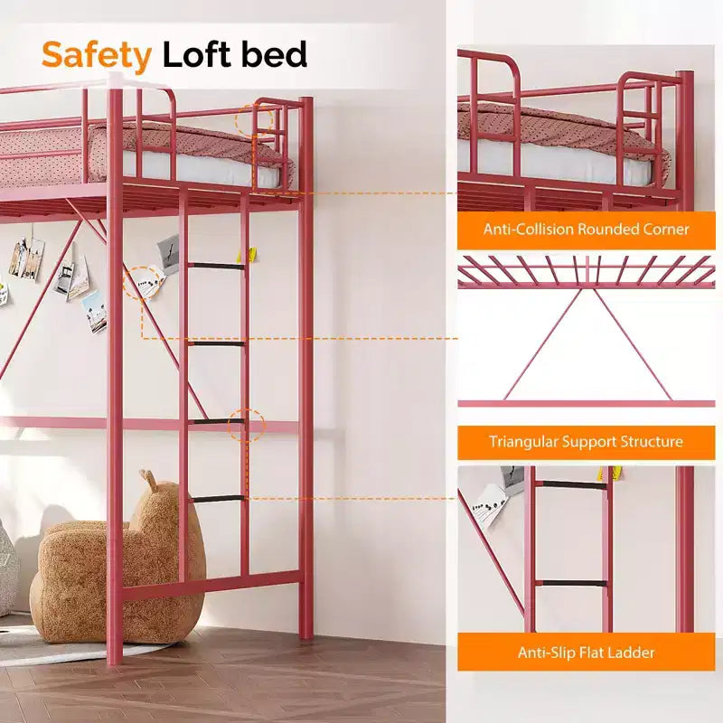 Lit mezzanine VINGLI pour lits jumeaux avec barreaux plats pour adultes, enfants et jeunes adolescents, aucun sommier tapissier requis, support à lattes métalliques robustes, rose