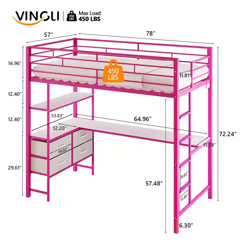 VINGLI Lit mezzanine tout métal avec bureau, balustrade de 38 cm, échelle antidérapante, 2 stations de recharge, 4 tiroirs/étagères de rangement/LED, pas besoin de sommier, rose
