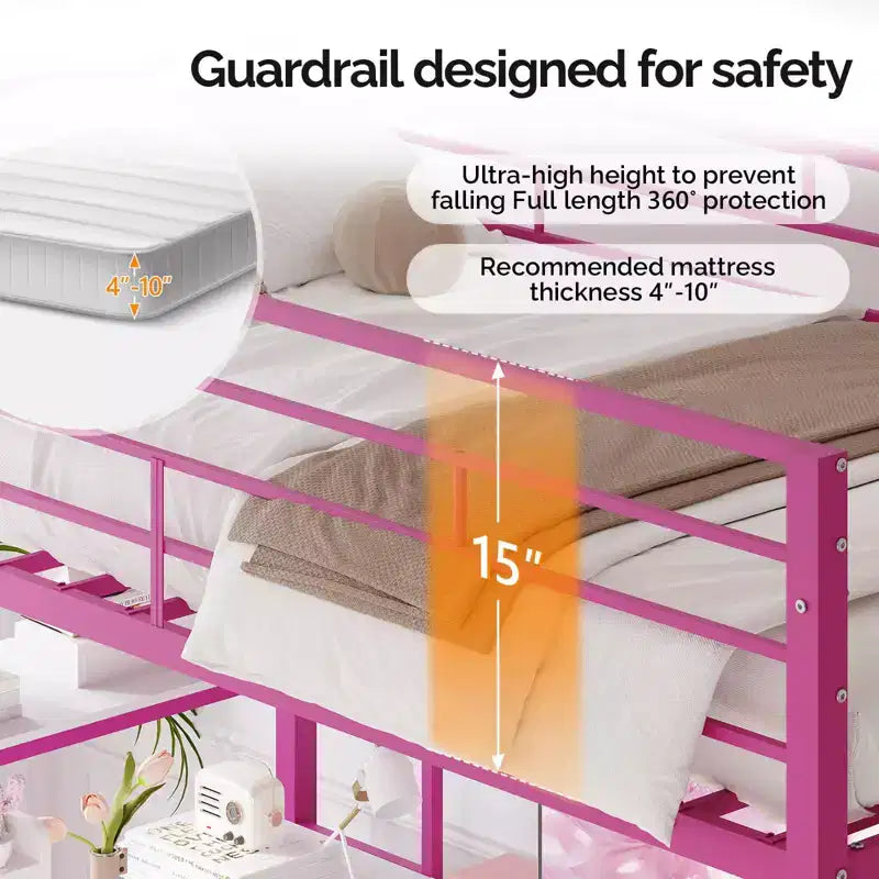 VINGLI Lit mezzanine tout métal avec bureau, balustrade de 38 cm, échelle antidérapante, 2 stations de recharge, 4 tiroirs/étagères de rangement/LED, pas besoin de sommier, rose