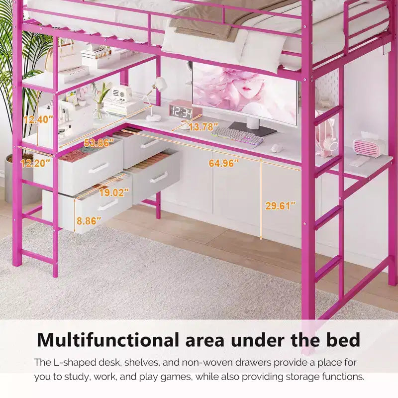 VINGLI Lit mezzanine tout métal avec bureau, balustrade de 38 cm, échelle antidérapante, 2 stations de recharge, 4 tiroirs/étagères de rangement/LED, pas besoin de sommier, rose