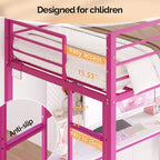VINGLI Lit mezzanine tout métal avec bureau, balustrade de 38 cm, échelle antidérapante, 2 stations de recharge, 4 tiroirs/étagères de rangement/LED, pas besoin de sommier, rose