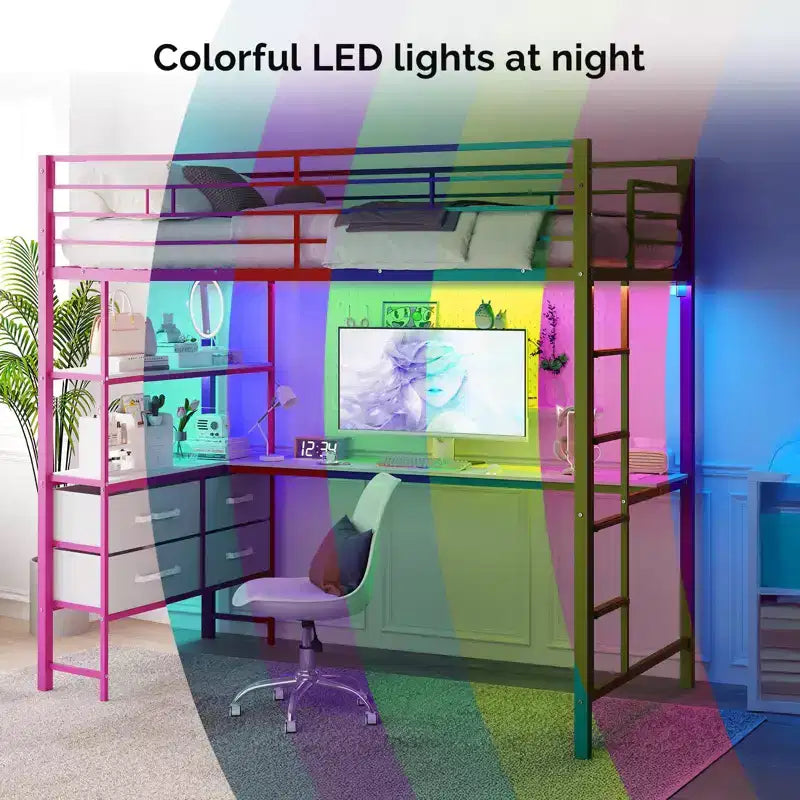 VINGLI Lit mezzanine tout métal avec bureau, balustrade de 38 cm, échelle antidérapante, 2 stations de recharge, 4 tiroirs/étagères de rangement/LED, pas besoin de sommier, rose
