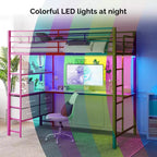 VINGLI Lit mezzanine tout métal avec bureau, balustrade de 38 cm, échelle antidérapante, 2 stations de recharge, 4 tiroirs/étagères de rangement/LED, pas besoin de sommier, rose