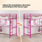 VINGLI Lit mezzanine tout métal avec bureau, balustrade de 38 cm, échelle antidérapante, 2 stations de recharge, 4 tiroirs/étagères de rangement/LED, pas besoin de sommier, rose