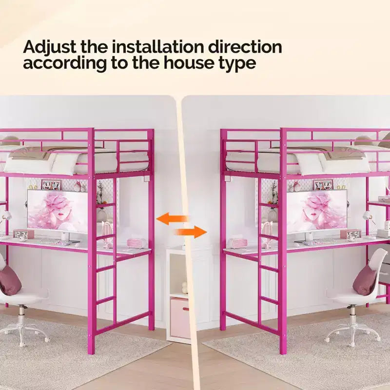 VINGLI Lit mezzanine tout métal avec bureau, balustrade de 38 cm, échelle antidérapante, 2 stations de recharge, 4 tiroirs/étagères de rangement/LED, pas besoin de sommier, rose
