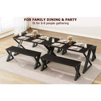 Ensemble table à manger CuisinSmart avec banc et plateau en bois, table de cuisine à structure métallique avec pieds en X et banc pour 4 personnes, pour café, maison, bureau, noir