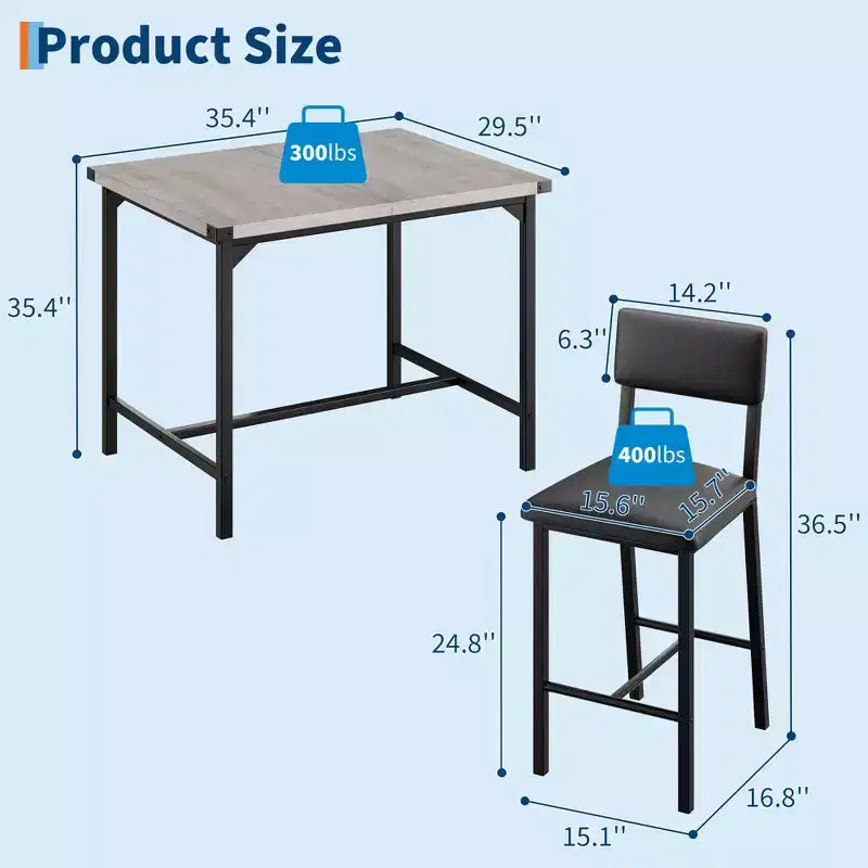 Ensemble table de salle à manger CuisinSmart pour 2, ensemble table de cuisine avec repose-pieds et dossier, table hauteur de comptoir avec 2 tabourets de bar rembourrés