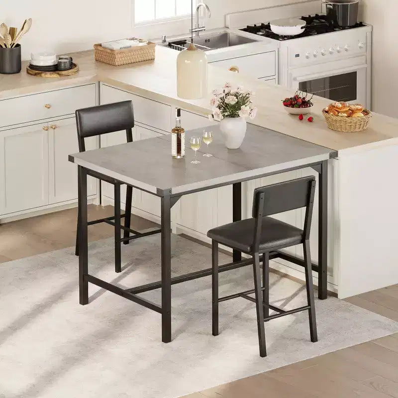 Ensemble table de salle à manger CuisinSmart pour 2, ensemble table de cuisine avec repose-pieds et dossier, table hauteur de comptoir avec 2 tabourets de bar rembourrés