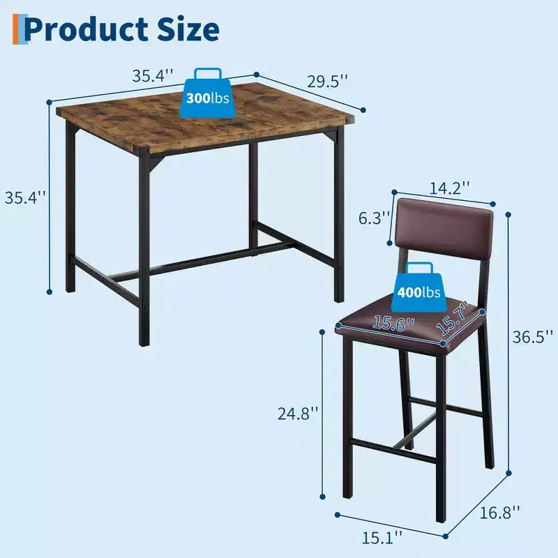 Ensemble table de salle à manger CuisinSmart pour 2, ensemble table de cuisine avec repose-pieds et dossier, table hauteur de comptoir avec 2 tabourets de bar rembourrés
