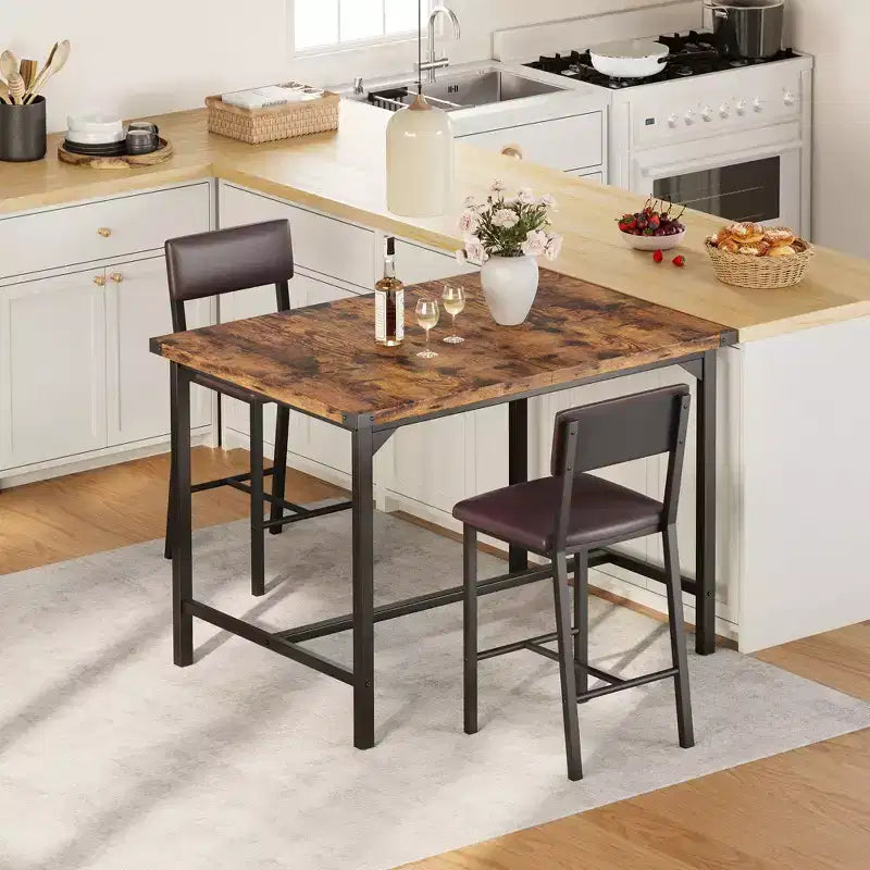 Ensemble table de salle à manger CuisinSmart pour 2, ensemble table de cuisine avec repose-pieds et dossier, table hauteur de comptoir avec 2 tabourets de bar rembourrés