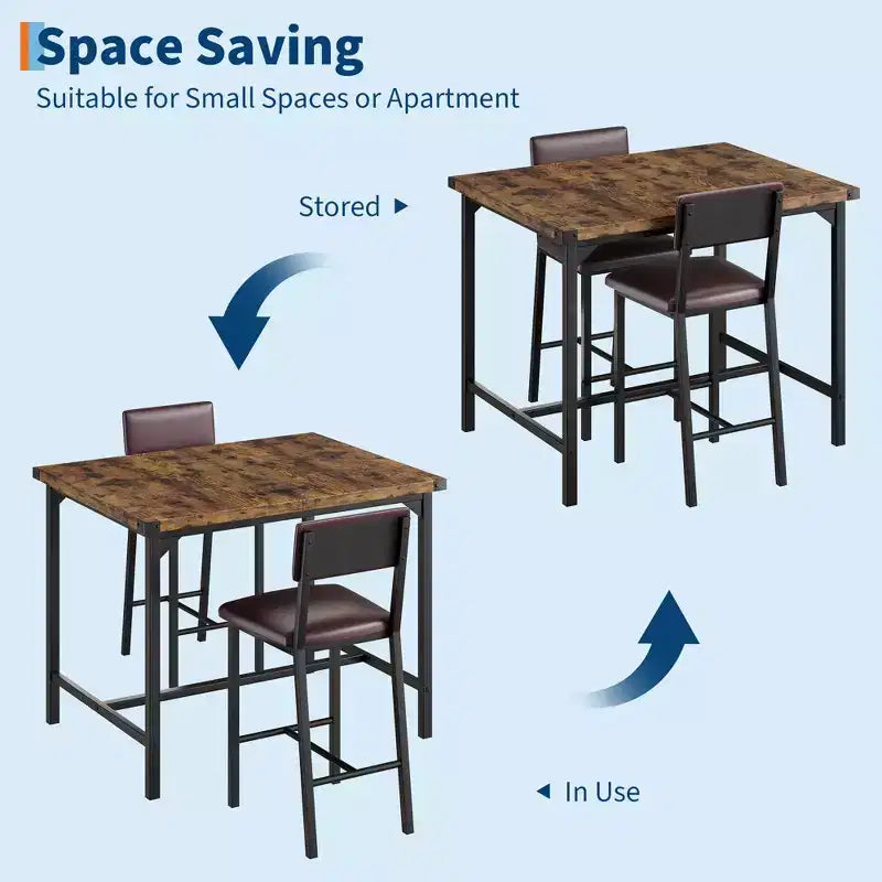 Ensemble table de salle à manger CuisinSmart pour 2, ensemble table de cuisine avec repose-pieds et dossier, table hauteur de comptoir avec 2 tabourets de bar rembourrés
