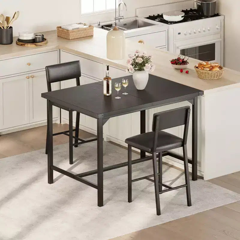 Ensemble table de salle à manger CuisinSmart pour 2, ensemble table de cuisine avec repose-pieds et dossier, table hauteur de comptoir avec 2 tabourets de bar rembourrés