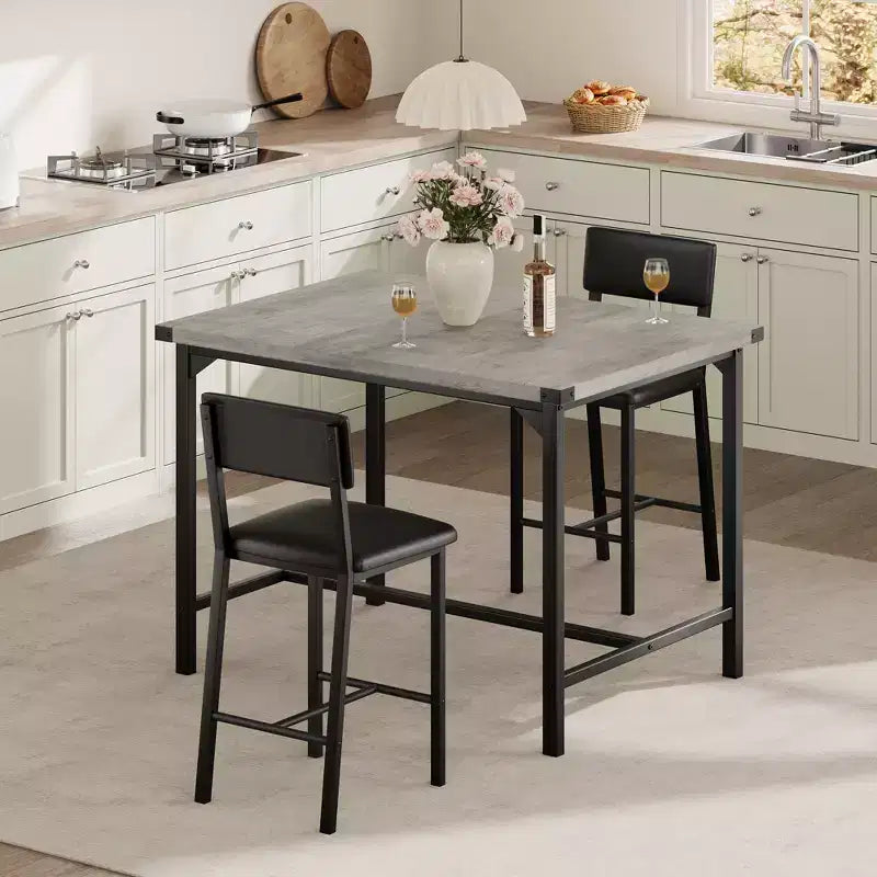 Ensemble table de salle à manger CuisinSmart pour 2, ensemble table de cuisine avec repose-pieds et dossier, table hauteur de comptoir avec 2 tabourets de bar rembourrés
