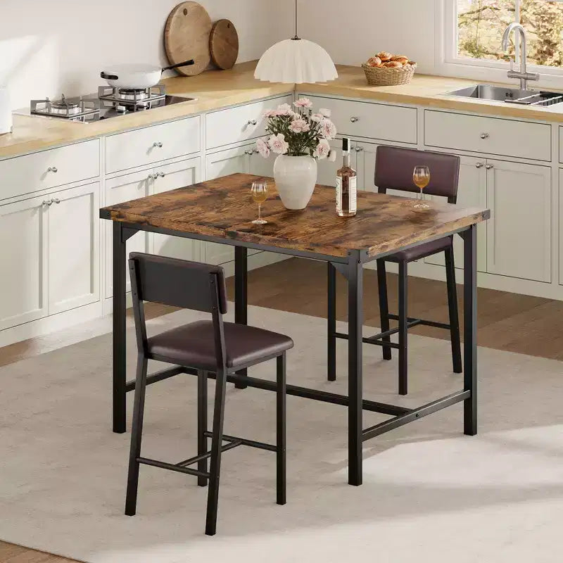 Ensemble table de salle à manger CuisinSmart pour 2, ensemble table de cuisine avec repose-pieds et dossier, table hauteur de comptoir avec 2 tabourets de bar rembourrés