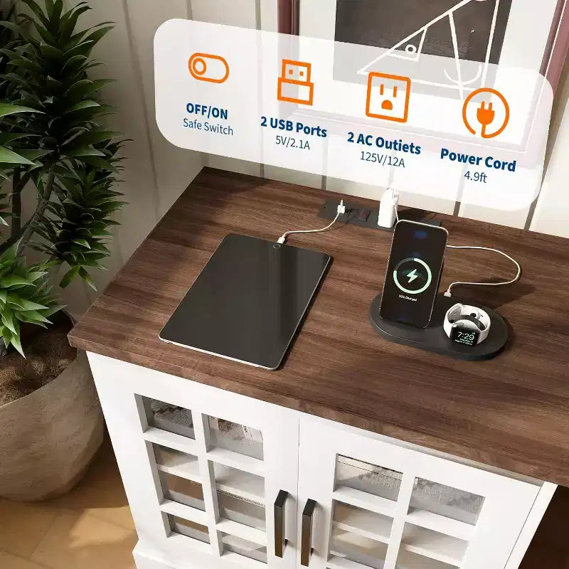 Table de chevet de 61 cm avec station de charge, porte en verre trempé et étagères réglables, table de chevet en bois style ferme