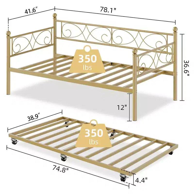 Lit de repos avec lit gigogne, lit de repos simple en métal avec tête de lit florale, cadre de lit de repos moderne en métal avec lit gigogne coulissant, lattes en acier robustes