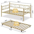 Lit de repos avec lit gigogne, lit de repos simple en métal avec tête de lit florale, cadre de lit de repos moderne en métal avec lit gigogne coulissant, lattes en acier robustes