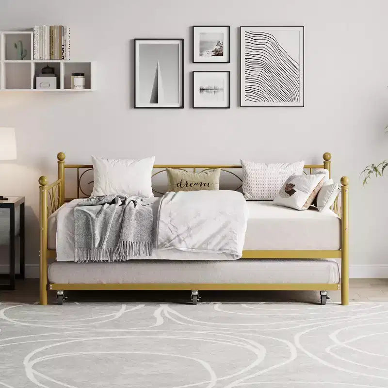 Lit de repos avec lit gigogne, lit de repos simple en métal avec tête de lit florale, cadre de lit de repos moderne en métal avec lit gigogne coulissant, lattes en acier robustes