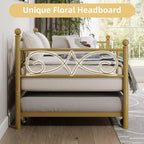 Lit de repos avec lit gigogne, lit de repos simple en métal avec tête de lit florale, cadre de lit de repos moderne en métal avec lit gigogne coulissant, lattes en acier robustes