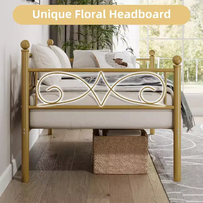 Lit de repos avec lit gigogne, lit de repos simple en métal avec tête de lit florale, cadre de lit de repos moderne en métal avec lit gigogne coulissant, lattes en acier robustes