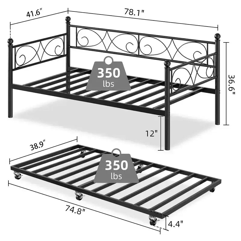 Lit de repos avec lit gigogne, lit de repos simple en métal avec tête de lit florale, cadre de lit de repos moderne en métal avec lit gigogne coulissant, lattes en acier robustes
