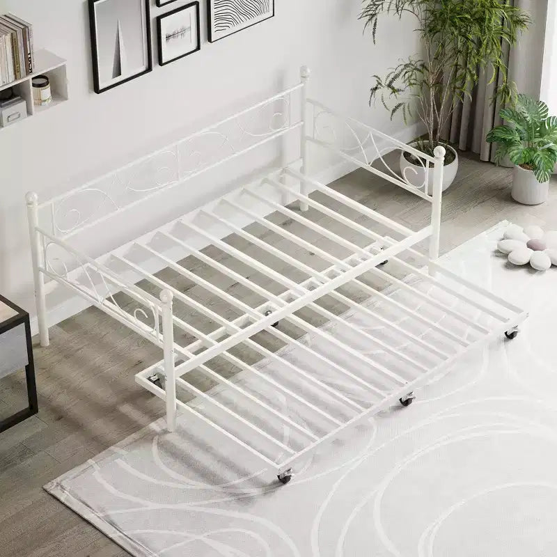 Lit de repos avec lit gigogne, lit de repos simple en métal avec tête de lit florale, cadre de lit de repos moderne en métal avec lit gigogne coulissant, lattes en acier robustes